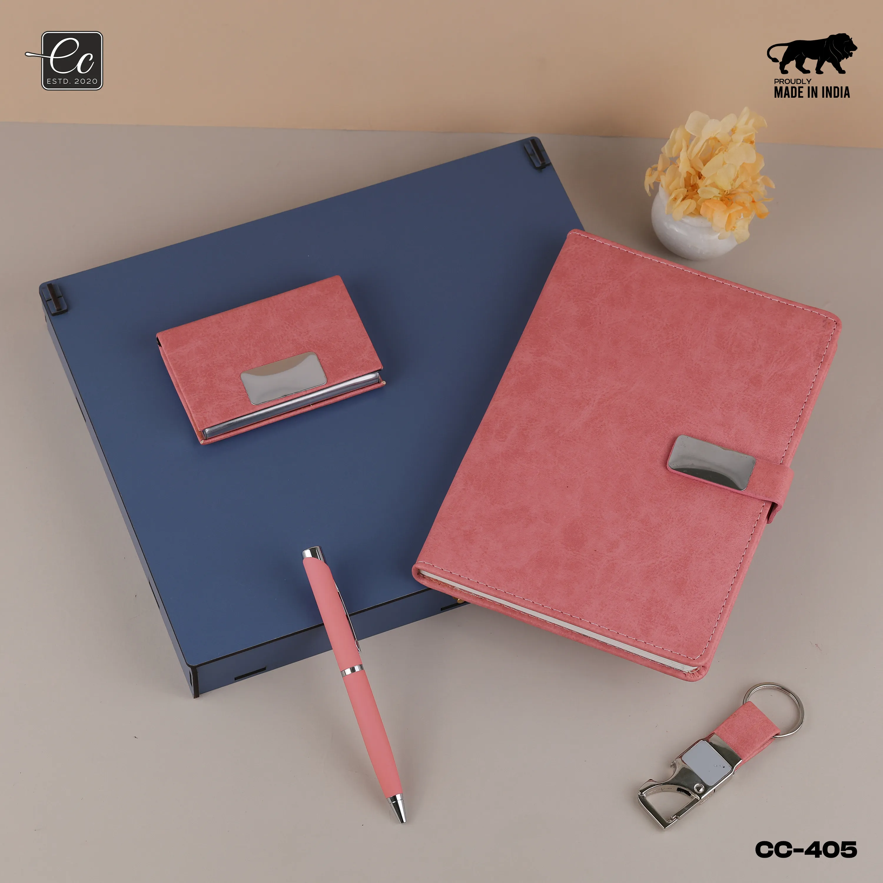 4 in 1 Corporate Gift Set includes Personalized Diary, Pen, Card Holder & Keychain